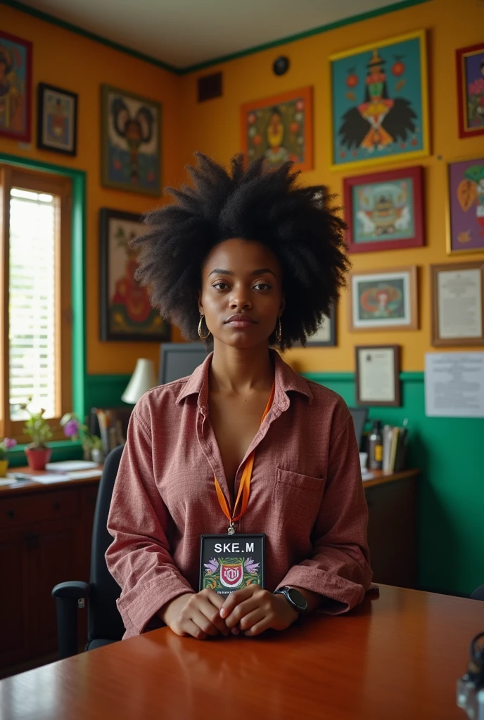 Merci de créer une image illustre une secrétaire afro américaine, âgée de 24 ans, cheveux naturel lisse. Elle reçoit dans son bureau deux adepte du vidou haitien voulant des informations sur le centre culturel Macumba 666. Salle hautement colorée, des materiel vodou haitien, des tableaux culturels. En evidence la secrétaire Camelita portant un badge, logo "SKET.M" 