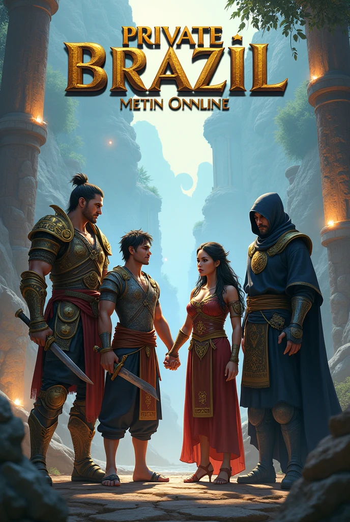A screenshot from the game Metin2, with a warrior, a ninja, a shaman and a shura holding hands and, over their heads, Written "Private Brazil Metin Online"