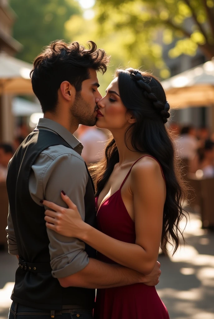 A woman black hair thats a braided wreath, a short bordeaux red dress with small carriers, outside a caffee. Realistic but not too realistic
Her dress is narrow
Next to her a man with black tousled hair and He has no beard.  kissing her. Her arms around his neck his hand on her hip
