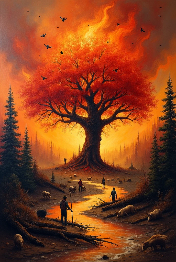 A painting using the impressionism technique that shows a burning forest with a lot of destruction and in the center a colorful tree with large bees and animals fleeing., a dry river some lumberjacks cutting down trees