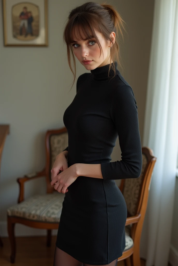 brown hair color、short hair、hair pulled back、ponytail、cute face、 she wears a turtleneck and a skirt.、she has blue eyes、black pantyhose、standing infront of a chair、wearing black knee high boots、adult german woman、full body portrait、indoor.、