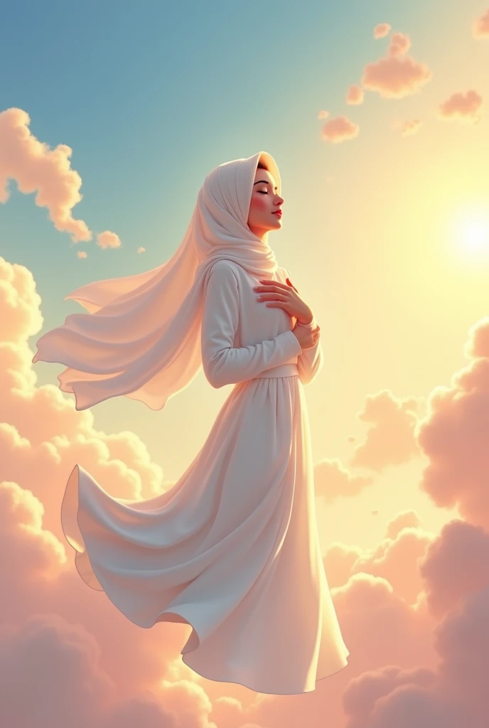 ((best quality)), ((masterpiece)), (detail), Muslim age girl who's very beautiful, elegant, adorable and cute. wearing a long white syar'i headscarf extending down to cover her chest, wearing a long plain white dress, floating in the sky while stroking her chest with one hand while smiling and closing her eyes as a sign that she is holding back her anger by letting it go. Animation style. UHD. 4K. Golden hour. The background is a beautiful heavenly sky. Best Anime Style. 2D.