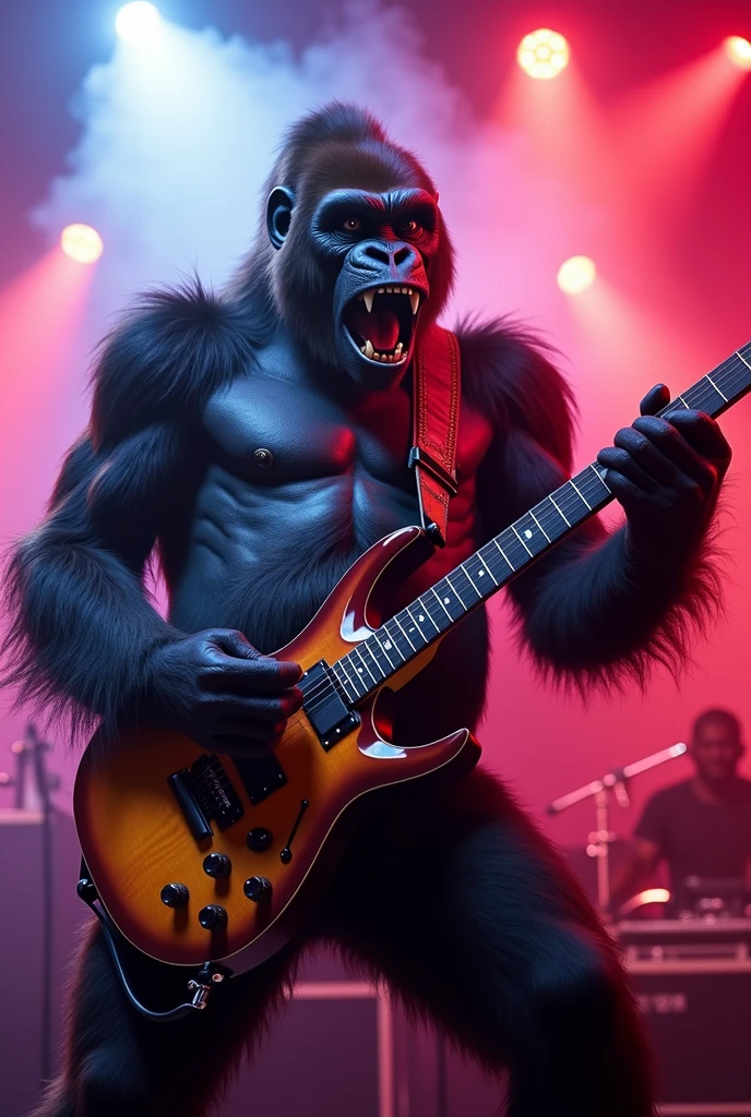 a rockstar gorilla playing guitar, highly detailed, illustration, ultra-detailed, 8k, (best quality,4k,8k,highres,masterpiece:1.2),ultra-detailed,(realistic,photorealistic,photo-realistic:1.37),vibrant colors,dramatic lighting,cinematic angle,dynamic pose,intricate fur details,expressive eyes,detailed facial features,skilled musician,shredding electric guitar,stage performance,smoke effects,concert venue,crowd in background