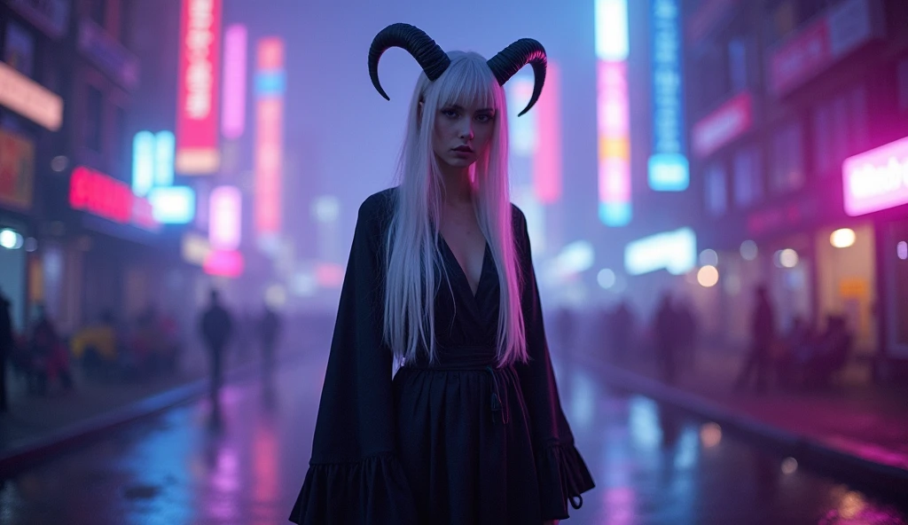 pictorial photography, Full length photo, a woman stands on the outskirts of the city, face turned towards the viewer, She wears a long robe, flared long sleeves, Clothes in black and white, white long hair, with horns, directed downwards, Cyberpunk background, violet, BLUE, and pink lights