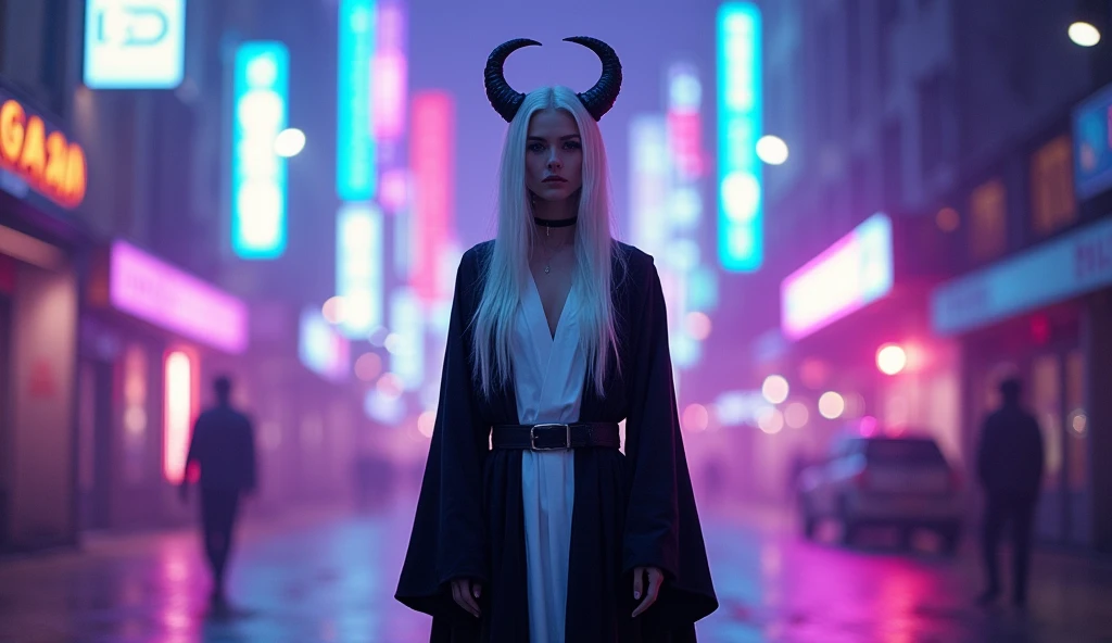 pictorial photography, Full length photo, a woman stands on the outskirts of the city, face turned towards the viewer, She wears a long robe, flared long sleeves, Clothes in black and white, white long hair, with horns, directed downwards, Cyberpunk background, violet, BLUE, and pink lights