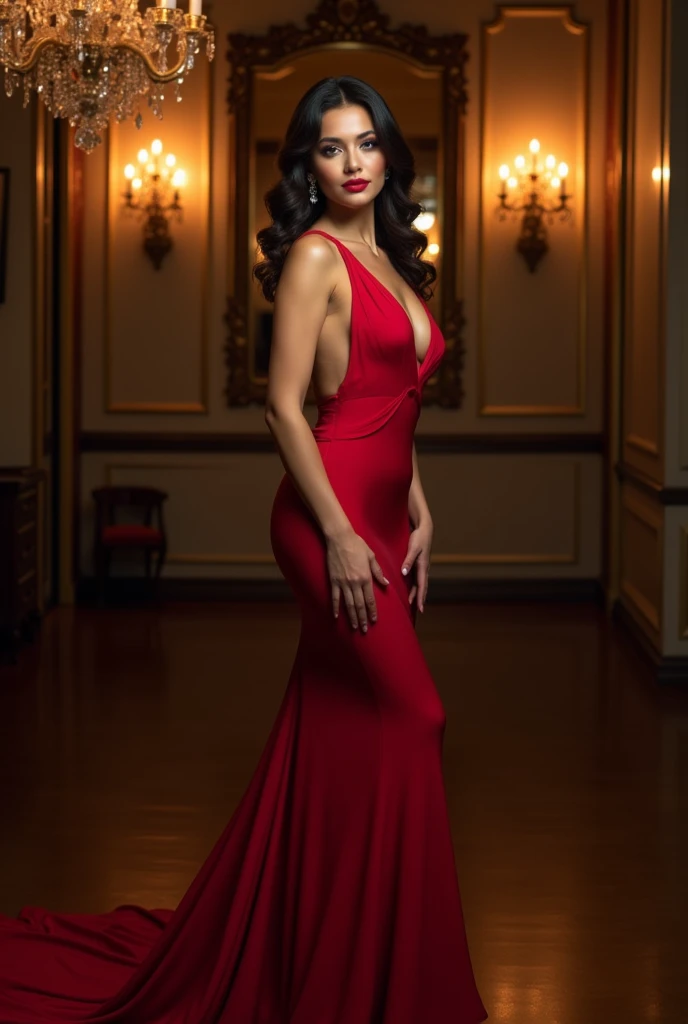 Woman in sexy red evening dress with lead