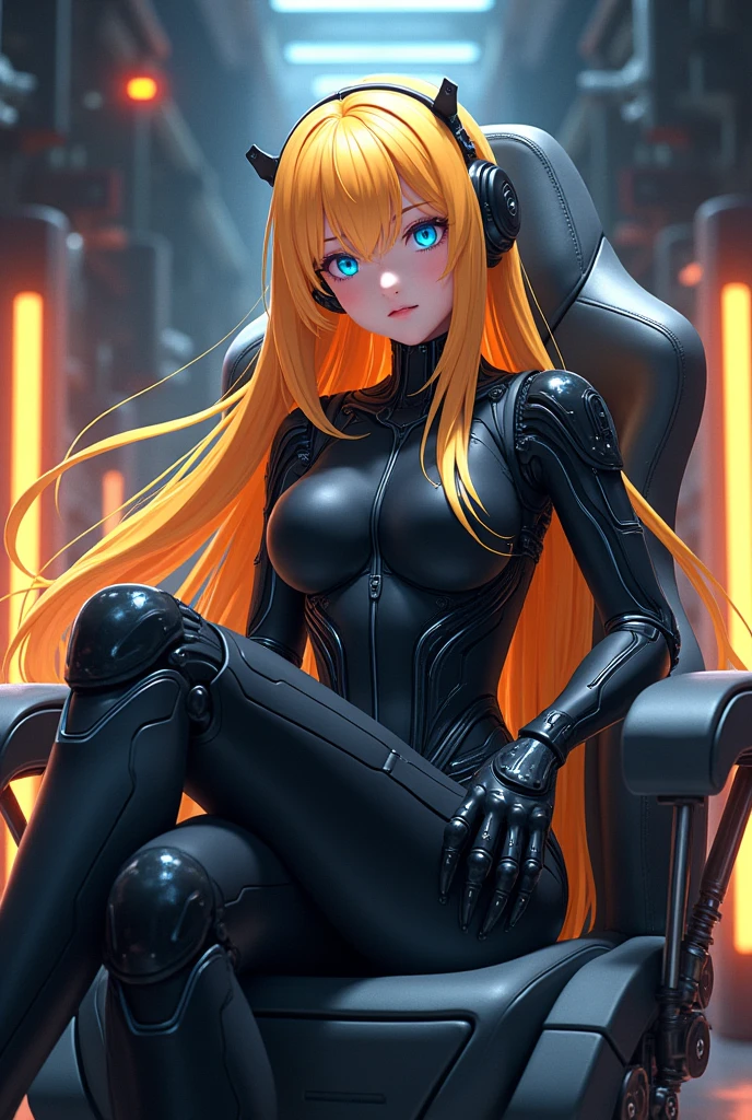 この絵を日本語で表現したpromptは以下のようになります。
---
**prompt:**
「Futuristic anime girl、With long flowing hair、Now it has turned a shining gold.。Her hair emits a soft yet powerful aura.。She has bright blue eyes、Wearing a black cyberpunk-style bodysuit、Exquisite mechanical detailing。She has cybernetic enhancements in her arms and legs.、highlighting her highly technical presence。Sit in a high-performance chair、The surrounding area is filled with machinery, glowing lights and metal structures.。The background is a dark cyberpunk environment.、Her golden hair stands out。」
---
このpromptを使えば、You can generate a version of the picture in Japanese with golden hair and an aura.。