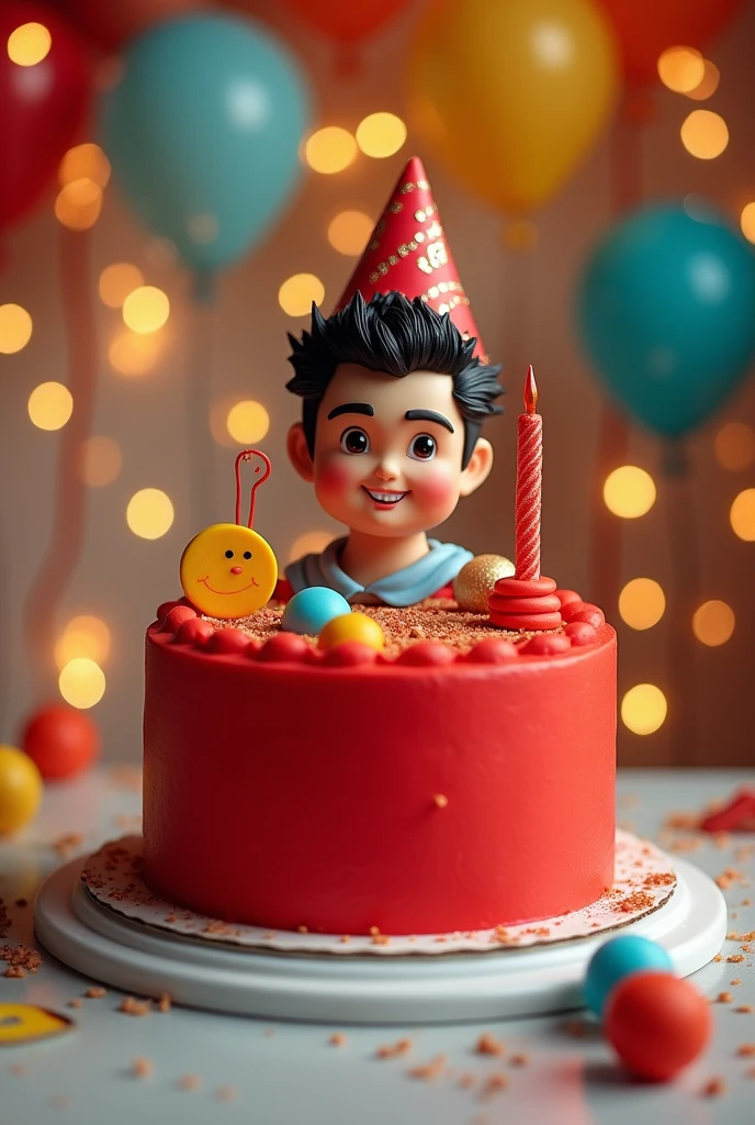 Create a simple red birthday cake with the image of the singer Gustavo Mioto on top
