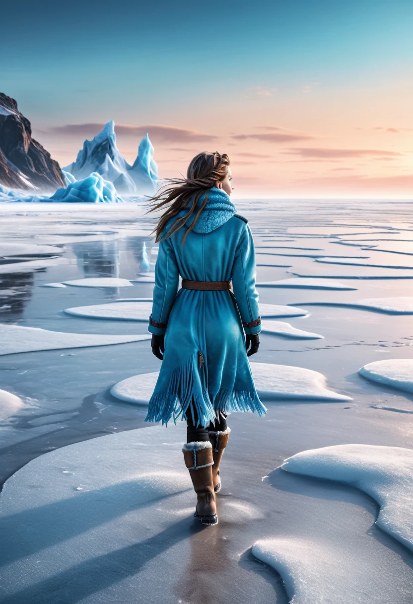 A girl walking on a frozen beach on another planet, realistic photo 