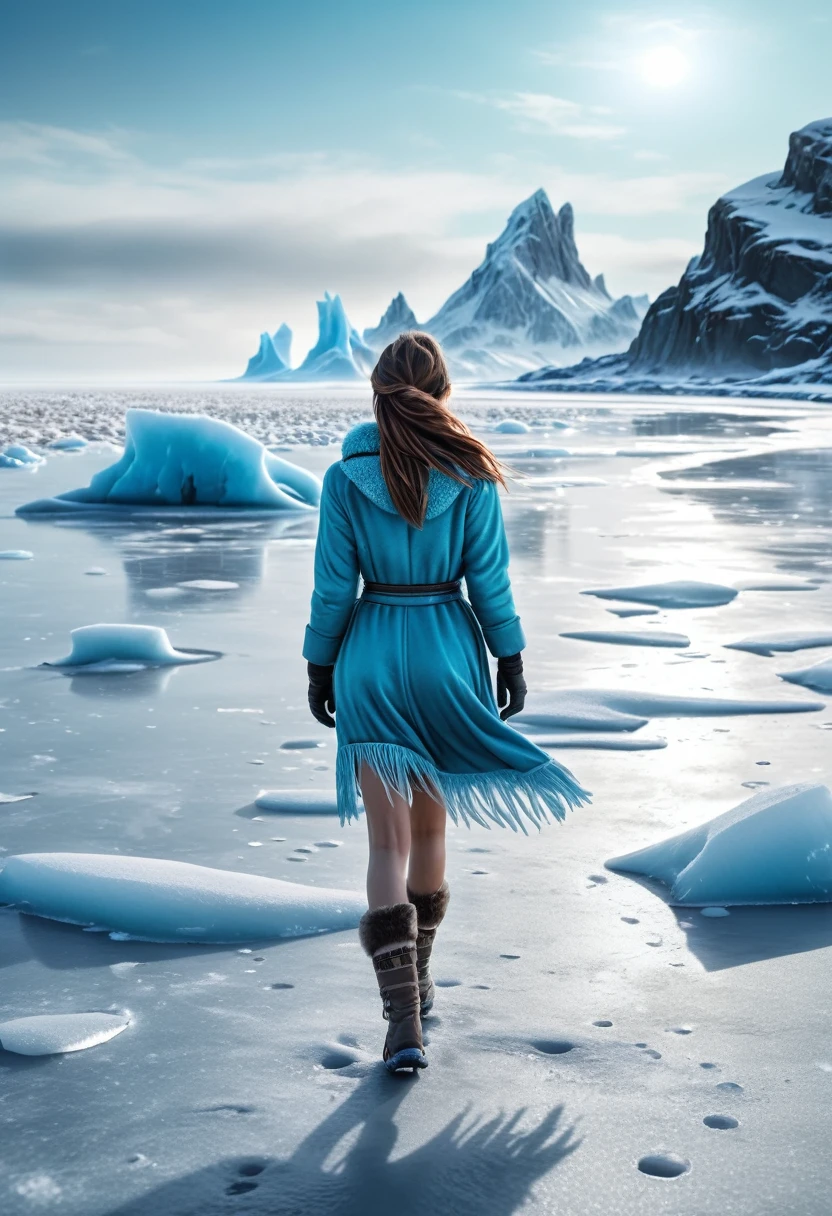 A girl walking on a frozen beach on another planet, realistic photo 