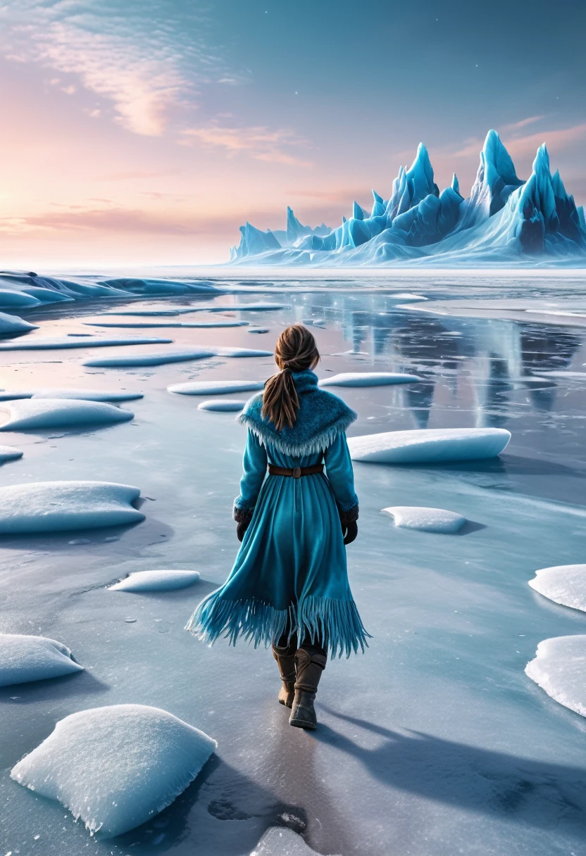 A girl walking on a frozen beach on another planet, realistic photo 