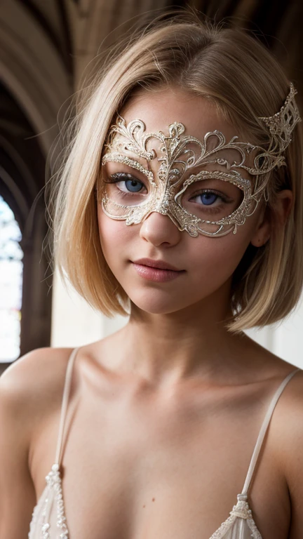 ((Ultra Detail)), Beautiful Art, (((18 yo blonde girl . Full lips. Eyes wide))). ((Very short hair)), high details, best quality, high school uniform, micro bikini, Garter RingWedding in an old church, string bikini,(woman in a masquerade ,elegant venetian mask,intricate costume,beautiful detailed eyes,beautiful detailed lips,extremely detailed face,highly detailed mask),