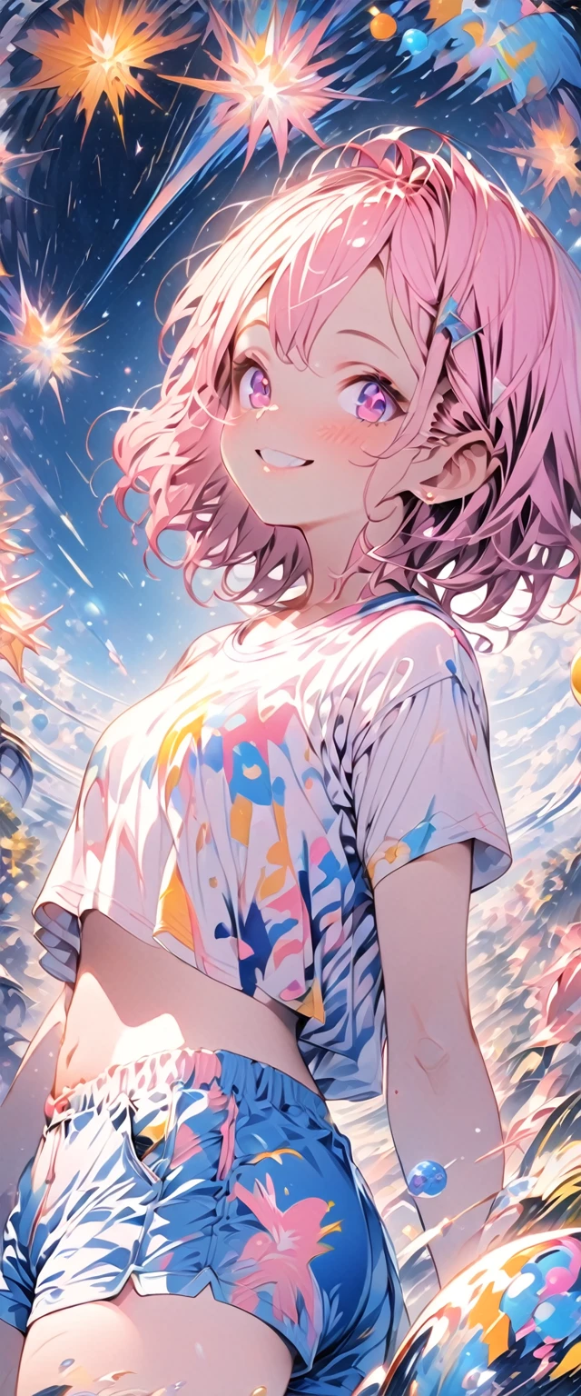 Masterpiece, high definition, 4K, 8K, anime girl, short straight hair, magenta hair, dark turquoise eyes, cute anime girl, summer shorts, short t-shirt, smiling face, ((shooting stars)), fractal art, Gwaiz , background of the outer universe, surrounded by tiny planets
