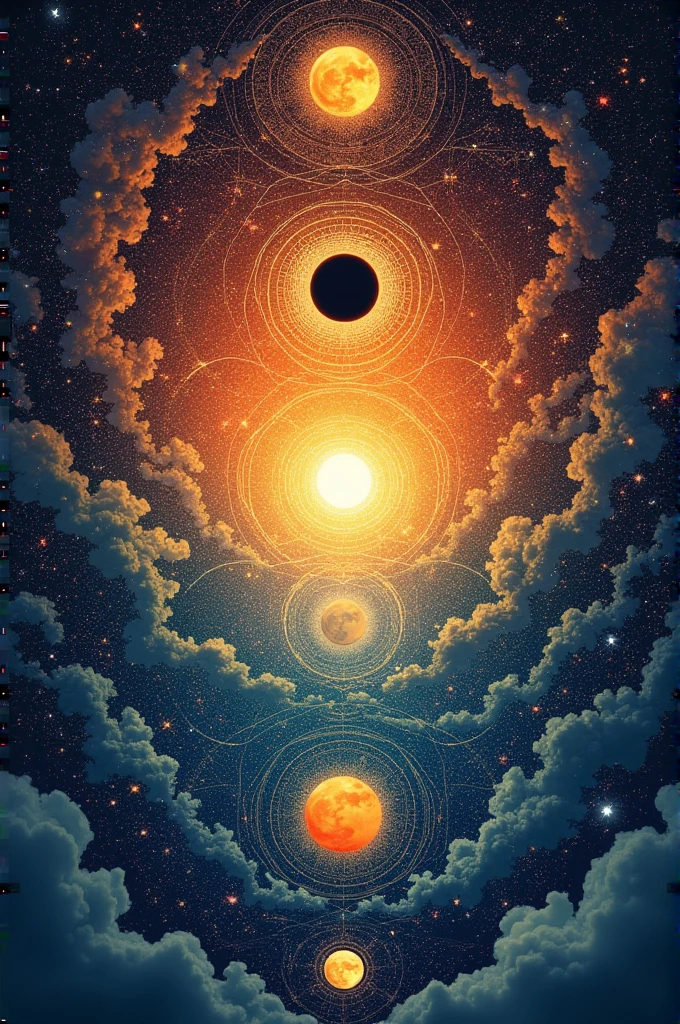 Give me ideas for a mandala with eight spirals that reflects various moods with drawings with deep meanings with the sun and the moon adding the eclipse, The stars, Dawn and dusk, clouds, space