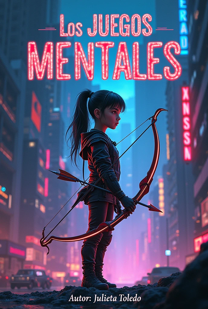 Book cover with the letters "The Mind Games" at the top, a girl standing using a bow and arrow in a futuristic background, and at the bottom the letters author Julieta Toledo, the letters must be in Spanish