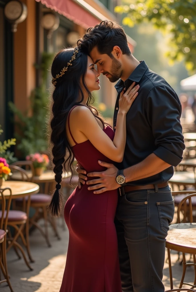 Intimate and high-quality photos of (Couple:1.2), Sit On (Bench:1.1), (Enchanting Light:1.1), sexy, passionate, exquisitely detailed, (sweat:1.1) with (glittering droplets:1.1), castle backgrounds, Sony Alpha 7R IV Camera, Digital Photo, f/2.8 lens, black-red, , Too many realistic textures, trends on social media, night light