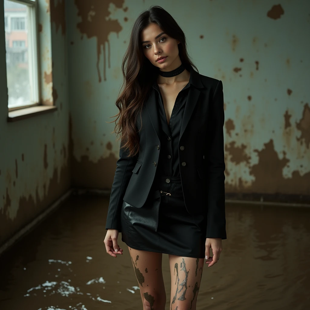 A captivating and color photo of one business lady, exuding a slender, model-like appearance with long hair. She is dressed in black business pencil skirt, black dirty business jacket. dirty shirt, torn stockings, black choker on the neck. She located in muddy and flooded building basement. Her all clothes, business pencil skirt and business jacket are stained in liquid mud and sperm. She is sitting on the mud in flirtatious, provocative and sexy pose, but fully clothed in business skirt suit, she smear a lot of mud on own clothes. All her clothes is dirty and sloppy, her skirt and jacket are very stained in a liquid mud and cum. The studio light brilliantly illuminates her clothes in details, casting small shadows and emphasizing the texture of the mud, milk, sperm on her clothes. Please focus on stains of liquid mud and cum on her clothes Angle of camera from top-left from model., Gothic art, Realism, super detail, best quality