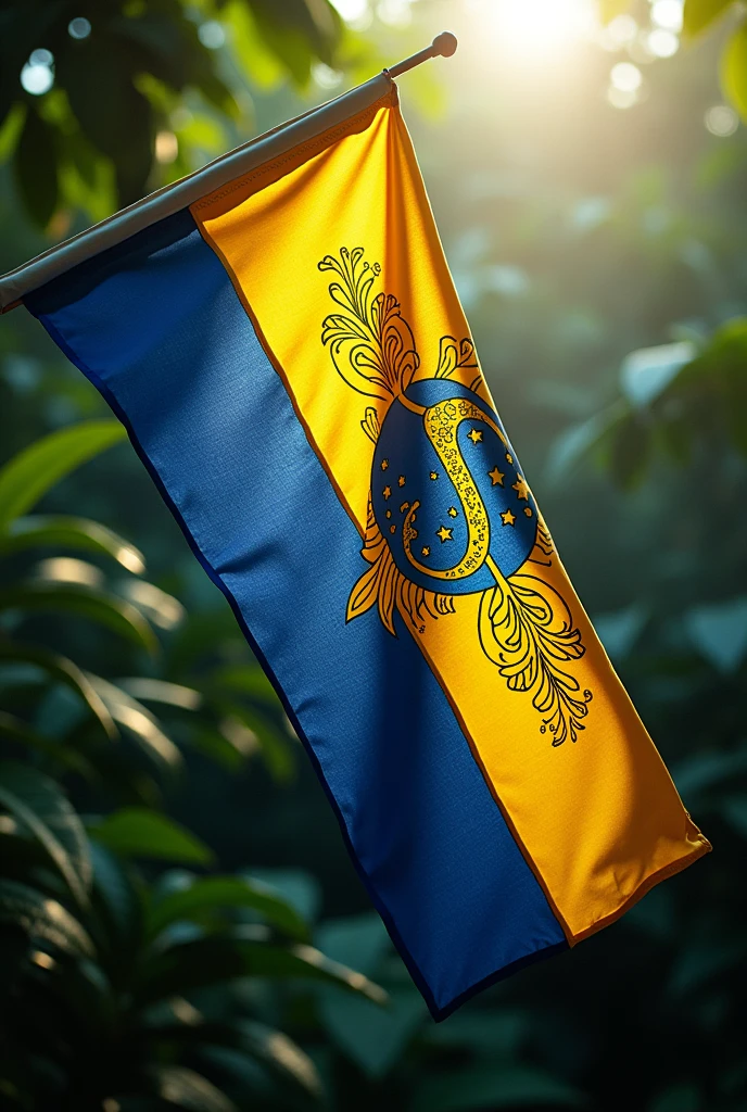 A flag, Kayapo writing, with dark blue and yellow colors representing Brazil
