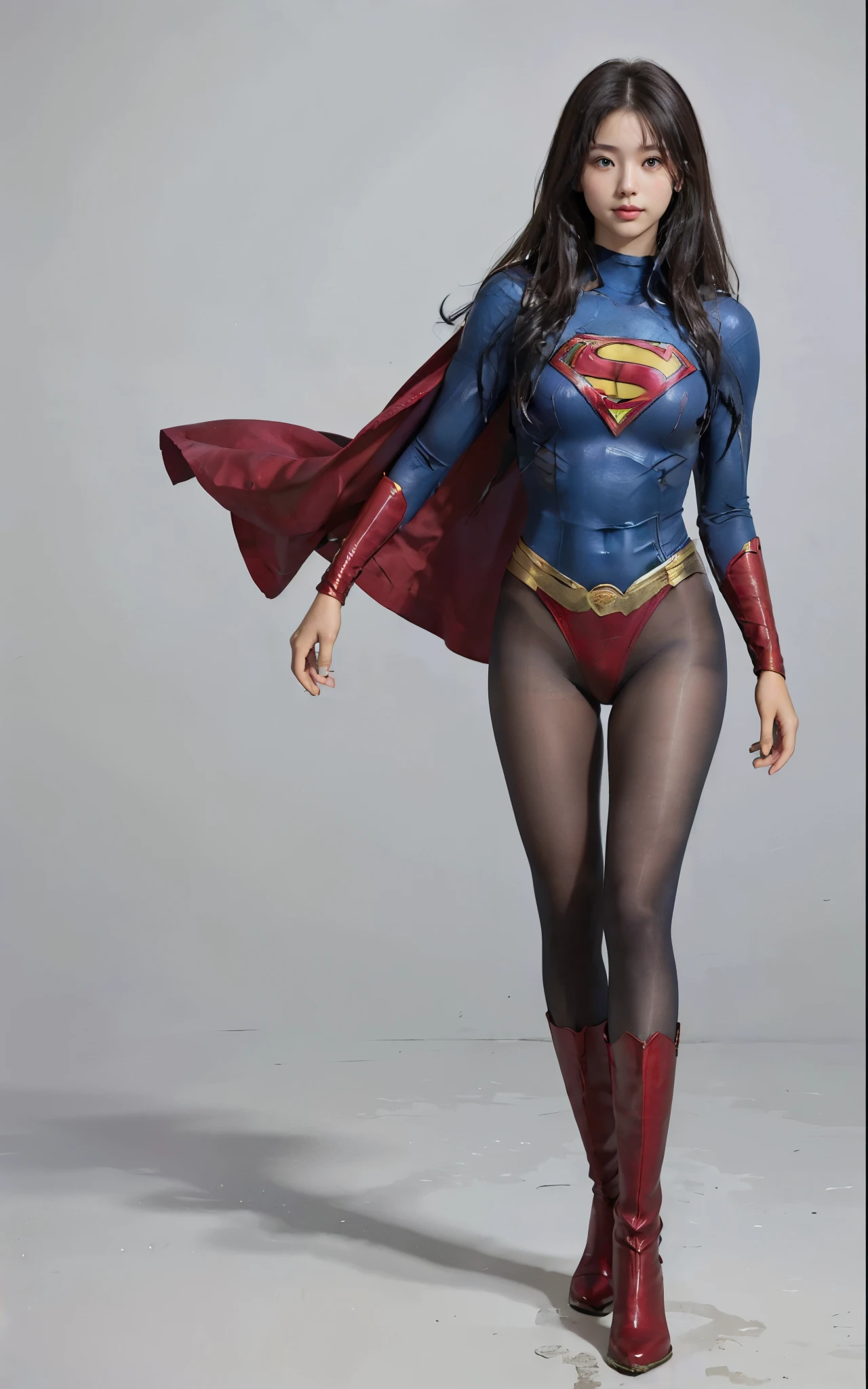 No background、(((Beautiful legs in black tights.)))、(((Legally express the beauty of your smile)))、((((Make the most of your original images)))、(((Supergirl Costume)))、(((Beautiful Hair)))、(((suffering)))、(((Please wear black tights....、Wear red boots)))、((Best image quality、8k))、((Highest quality、8k、masterpiece:1.3))、(((Preserve background )))、Sharp focus:1.2、Beautiful woman with perfect figure:1.4、Slim Abs:1.2、Wet body:1.5、Highly detailed face and skin texture、8k