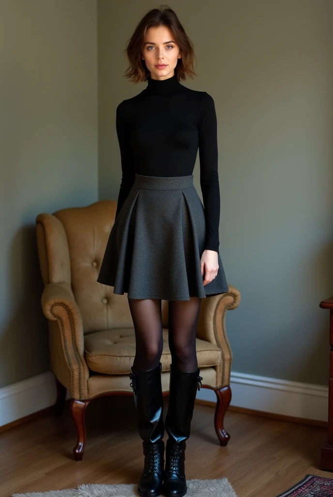brown hair、ponytail、cute face、 she wears a turtleneck and a skirt.、black pantyhose、Wearing glasses、Wearing black lace gloves、wearing black leather boots、teen german woman、full body portrait、indoor.、