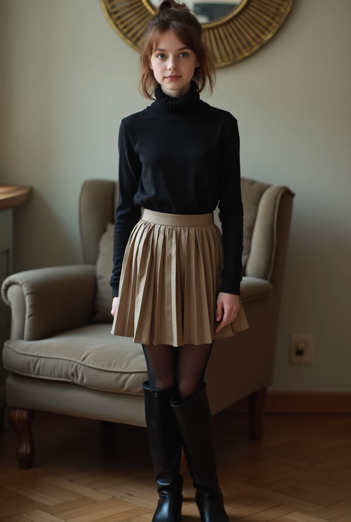 brown hair、ponytail、cute face、 she wears a turtleneck and a skirt.、black pantyhose、Wearing glasses、Wearing black lace gloves、wearing  boots、adult german woman、full body portrait、indoor.、