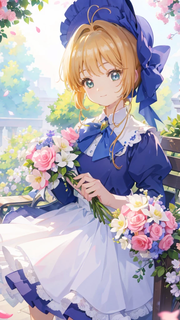 Medium view, medium shot, depth of field, bust, upper body, cinematic angle, masterpiece, best quality, super detailed, CG, 8K wallpaper, beautiful face, delicate eyes, a maiden, solo, smile, bangs, skirt, shirt, hat, dress, bow, petals, bouquet