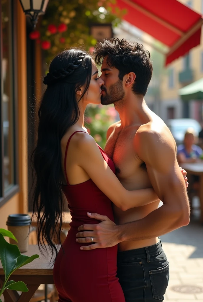 A woman black hair thats a braided wreath, a short bordeaux red dress with small carriers, outside a caffee. Realistic but not too realistic
Her dress is narrow
Next to her a man with black tousled hair and He has no beard.  kissing her. Her arms around his neck his hand on her hip
