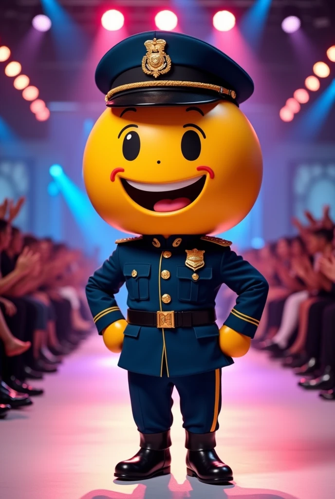 Cute smiley emoji with very big head wearing military police uniform and military hat in realistic full body fashion show
