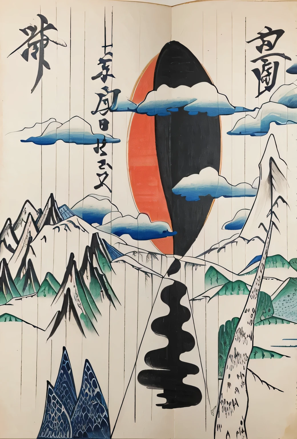 drawing of a drawing of a mountain with a sun and a dragon, inspired by Katsuchika Hokusai, inspired by Katsushika Hokusai, inspired by Hiroshige, Japanese-style painting, inspired by Shen Shichong, inspired by Uragami Gyokudō, inspired by Hokusai, inspired by Kaigetsudō Ando