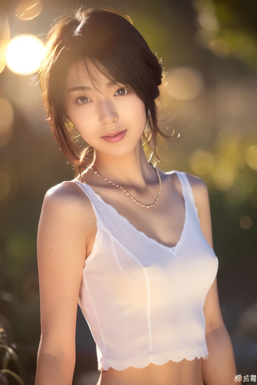 Skinny Japanese woman, Dressed, small head, cute face, detailed face, detailed eyes, (photographrealistic:1.4), (Hyper realistic:1.4), (Realistic:1.3), (Smoother lighting:1.05), (increase cinematic lighting quality:0.9), 32K, 1girl in, 30-years old, Realistic lighting, Backlighting, Light on Face, raytrace, (Brightening light:1.2), (Increase quality:1.4), (Top quality real texture skins:1.4), Black underwear, a necklace, Very thin waist, slender legs, (Increase body line mood:1.1), (Increase the beauty of skin texture:1.1)