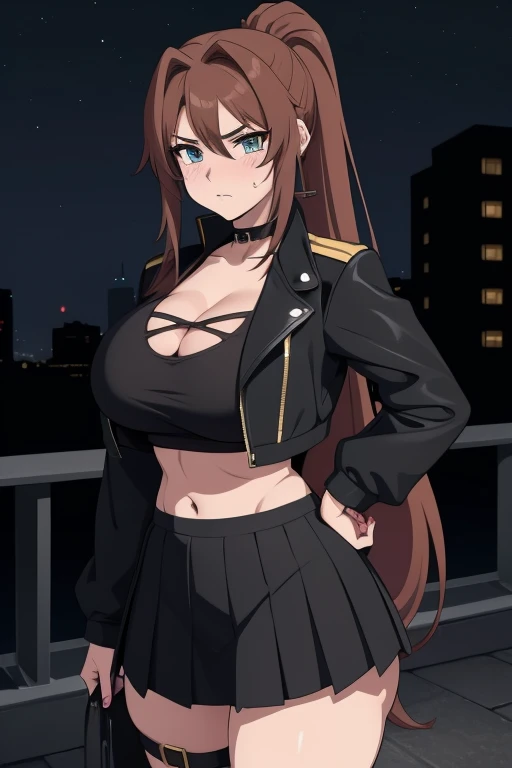 20 year old woman, busty, bubble butt, hourglass figure, skinny, blushing, panicked expression, horny, seductive, brown hair, long hair, plaited hair, bangs, ponytail hair, wearing wearing black cropped jacket, black tshirt, black pleated skirt, choker, sneakers, tight fitting clothing, cleavage, anime, city at night, outside, punk, punk style, punk hair, doujin style, manga, flat colours, 2d manga, aerith gainsborough, aerith FF7, goth, breast focus