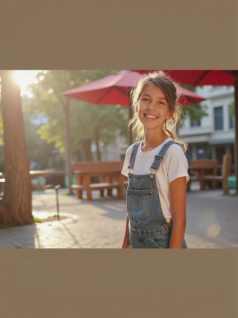 Girl smiling wearing a denim jumpsuit and a white T-shirt