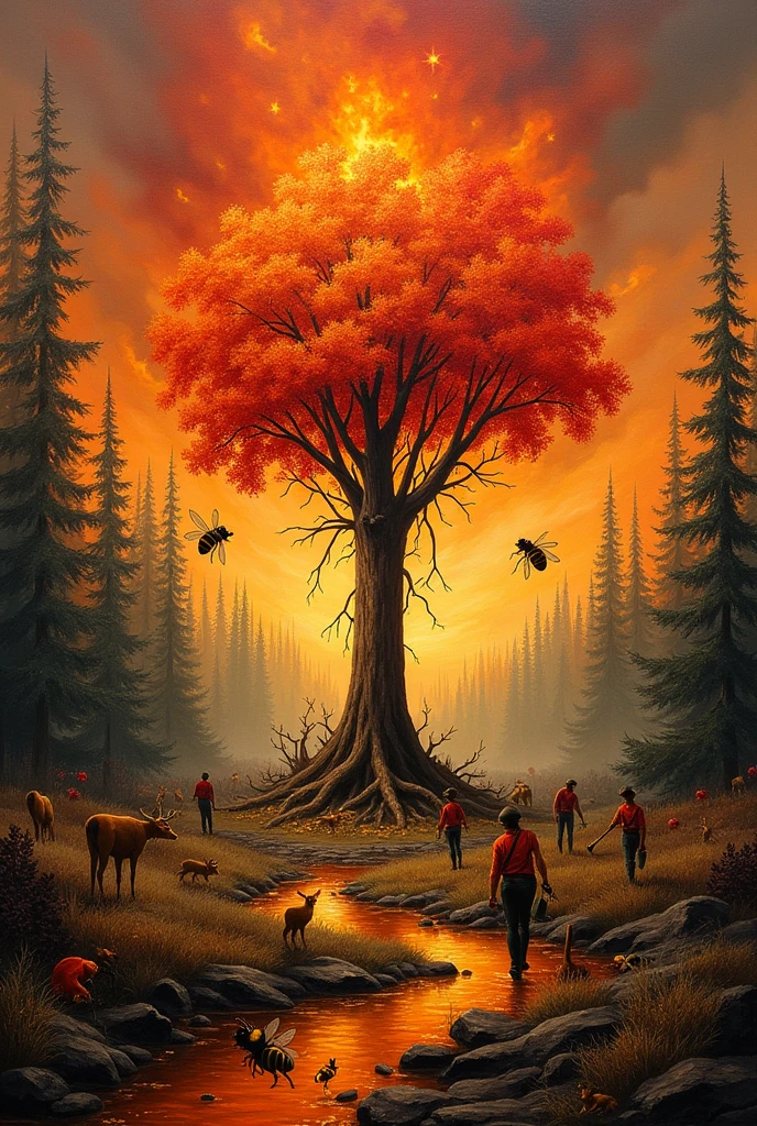 A painting using the impressionism technique that shows a burning forest with a lot of destruction and in the center a colorful tree with large bees and animals fleeing., a dry river some lumberjacks cutting down trees a honeycomb