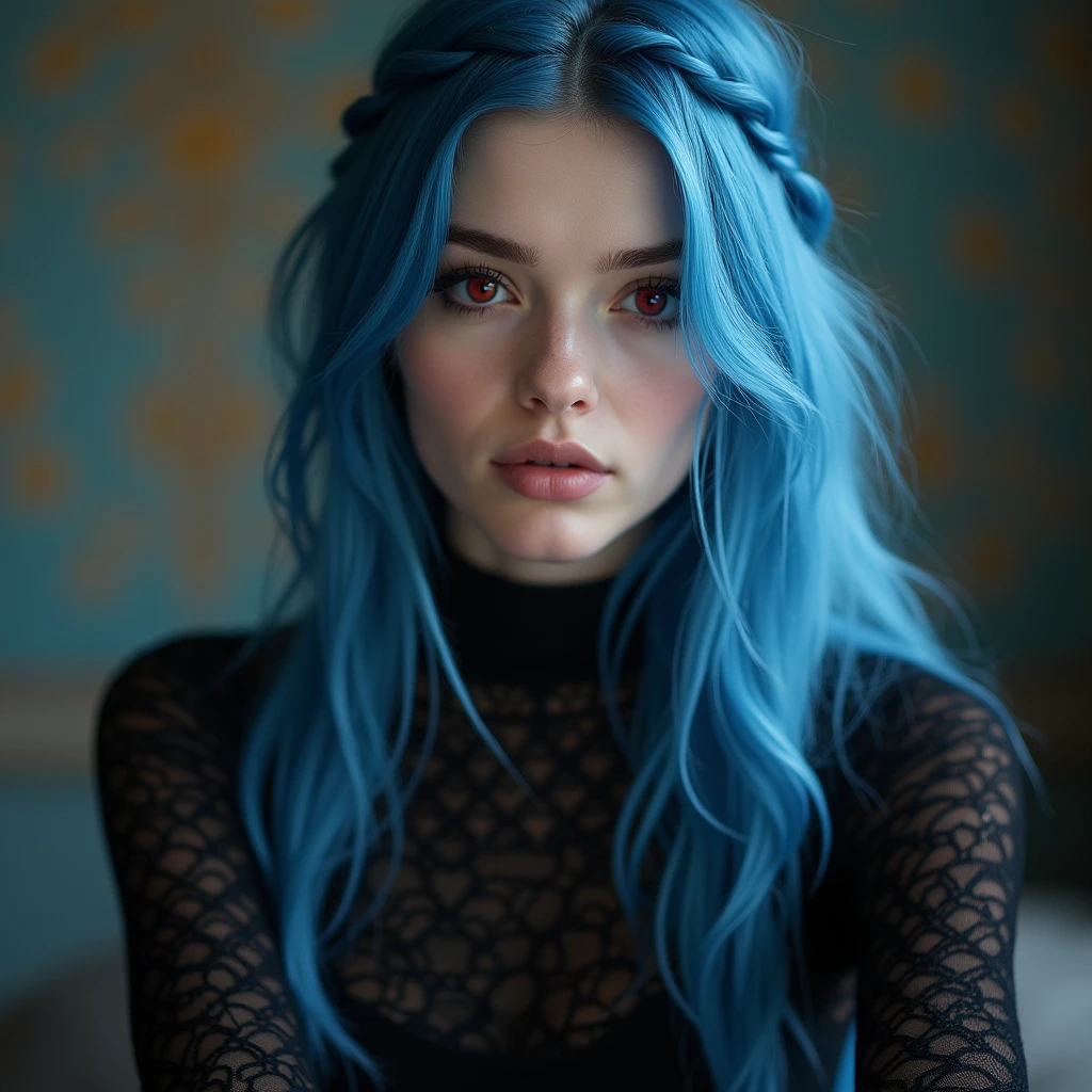 Full lenght, blue hair, hair with a single long braid and a front lock, narrow face, red eyes, girl, 18 years old, slim figure, almond-shaped eyes, full lips, european appearance, ultra highly intricate detailed, black eyeliner, over knee stockings, looking at the camera, professional photography, ultra sharp focus, very beautiful, naked, fullbody shot, 