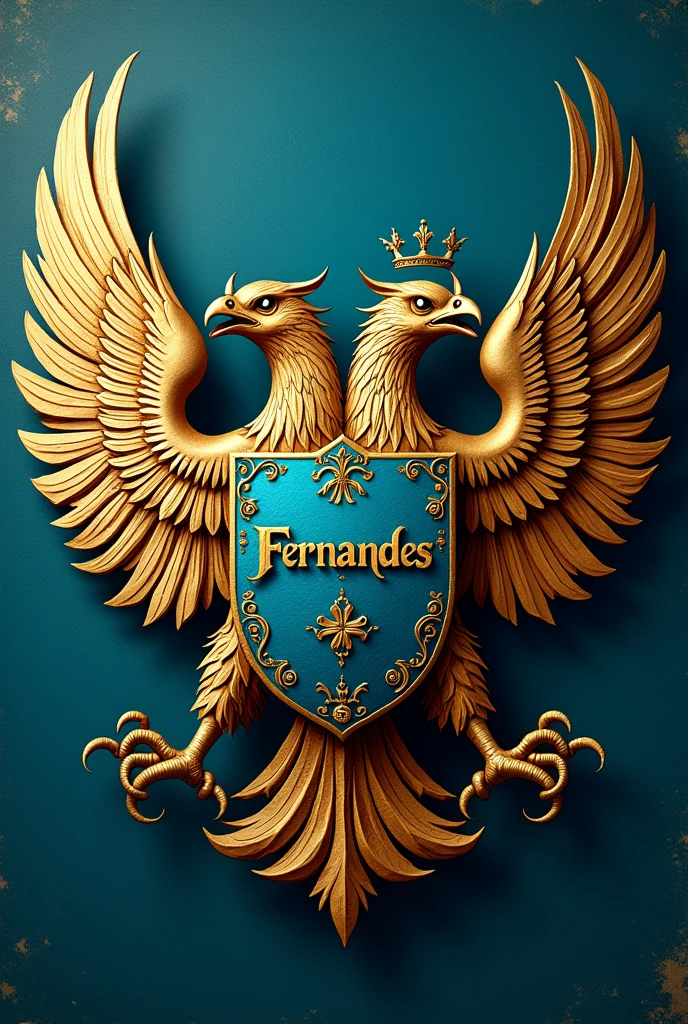 a coat of arms,with two eagles, with the color cyan , with gold details ,and with the name Fernandes written in gold in the middle with the Angkor font with several historical details