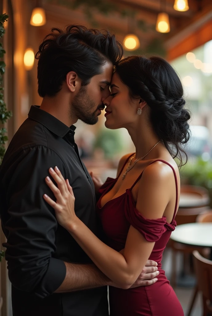 A woman black hair thats a braided wreath, a short bordeaux red dress with small carriers, outside a caffee. Realistic but not too realistic
Her dress is narrow
Next to her a man with black tousled hair and He has no beard. kissing her. Her arms around his neck his hand on her hip