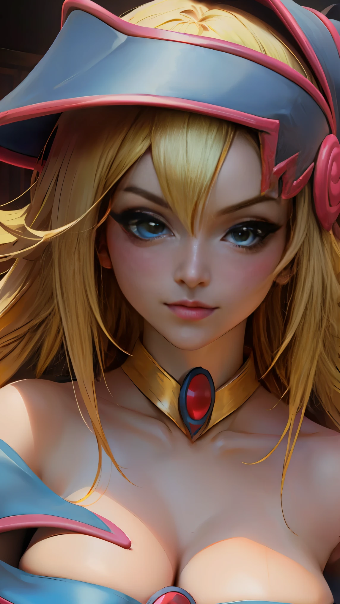 beautiful face dark Magician girls,blond hair. blue eyes. pink lips. blush on the cheek, Glass eyes, brio in the eyes, Thick and long eyelashes. big breasts. pose sensual