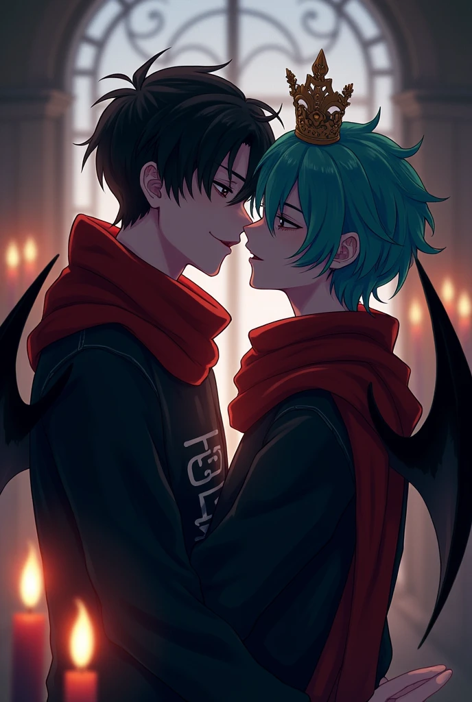 Create an anime style image of two 19 year old boys,one is called Bat he wears a black sweatshirt,her hair is black with two bat wings,the other one is called Sdepy he wears a black sweatshirt with a red scarf,her hair is cyan and she wears a crown and is on her lap,the two are kissing with tongues,they are in a dark room