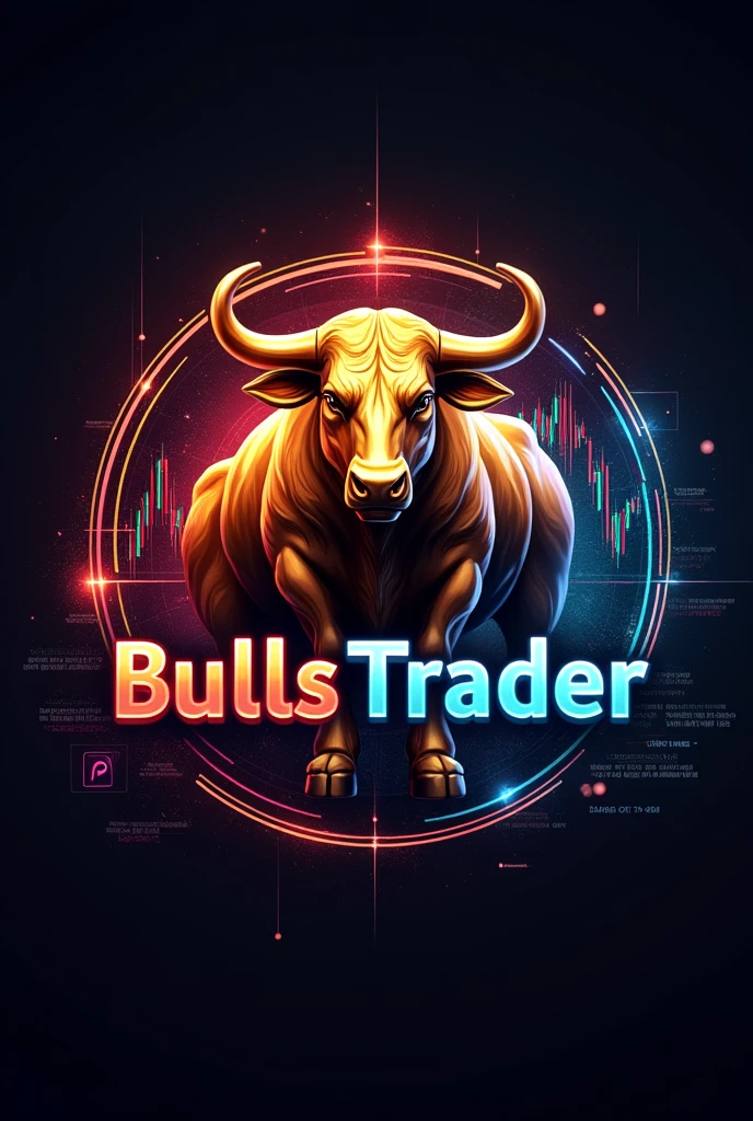 A logo with financial market charts in the background and the word BullsTrader highlighted in the middle, put a golden bull 