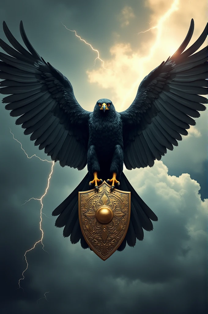 generates an epic image of a black falcon spreading its wings with a golden shield