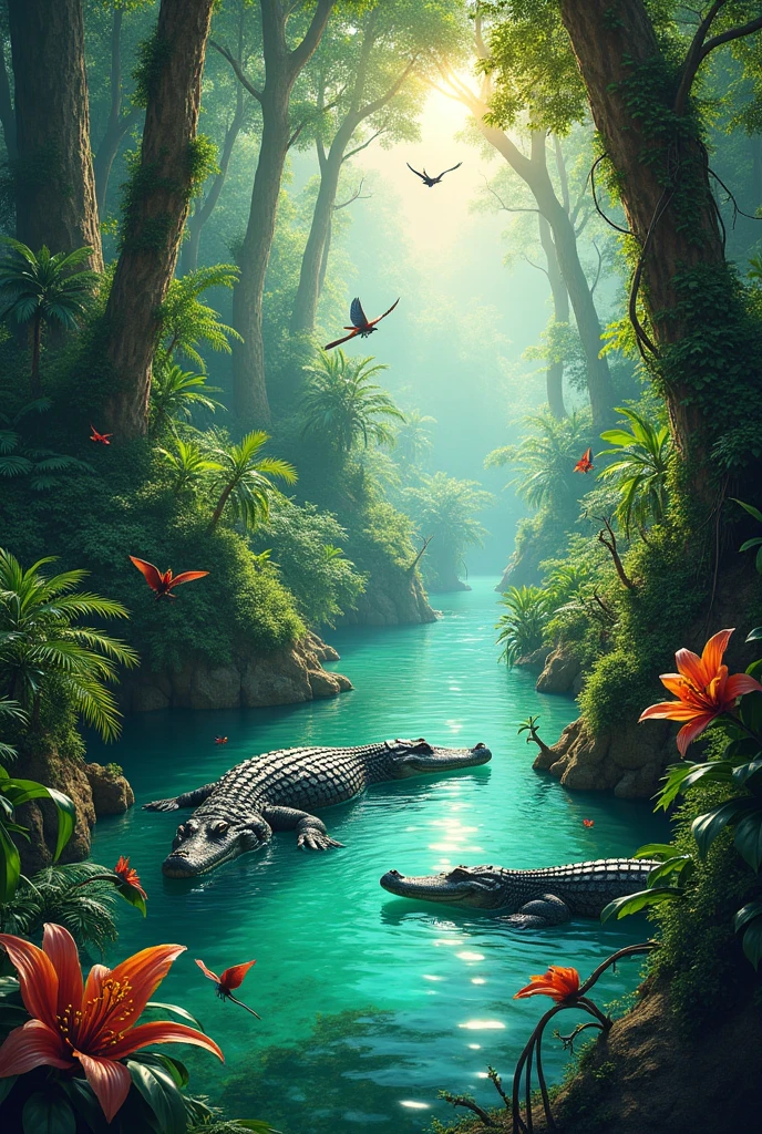 Draw a jungle with giant crocodiles swimming