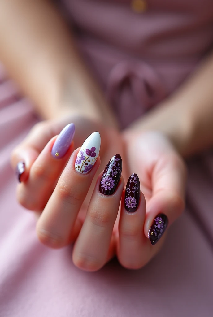 Almond shaped nails in white, lilac Talavera poblana design on some nails and on others wine-colored Talavera poblana design