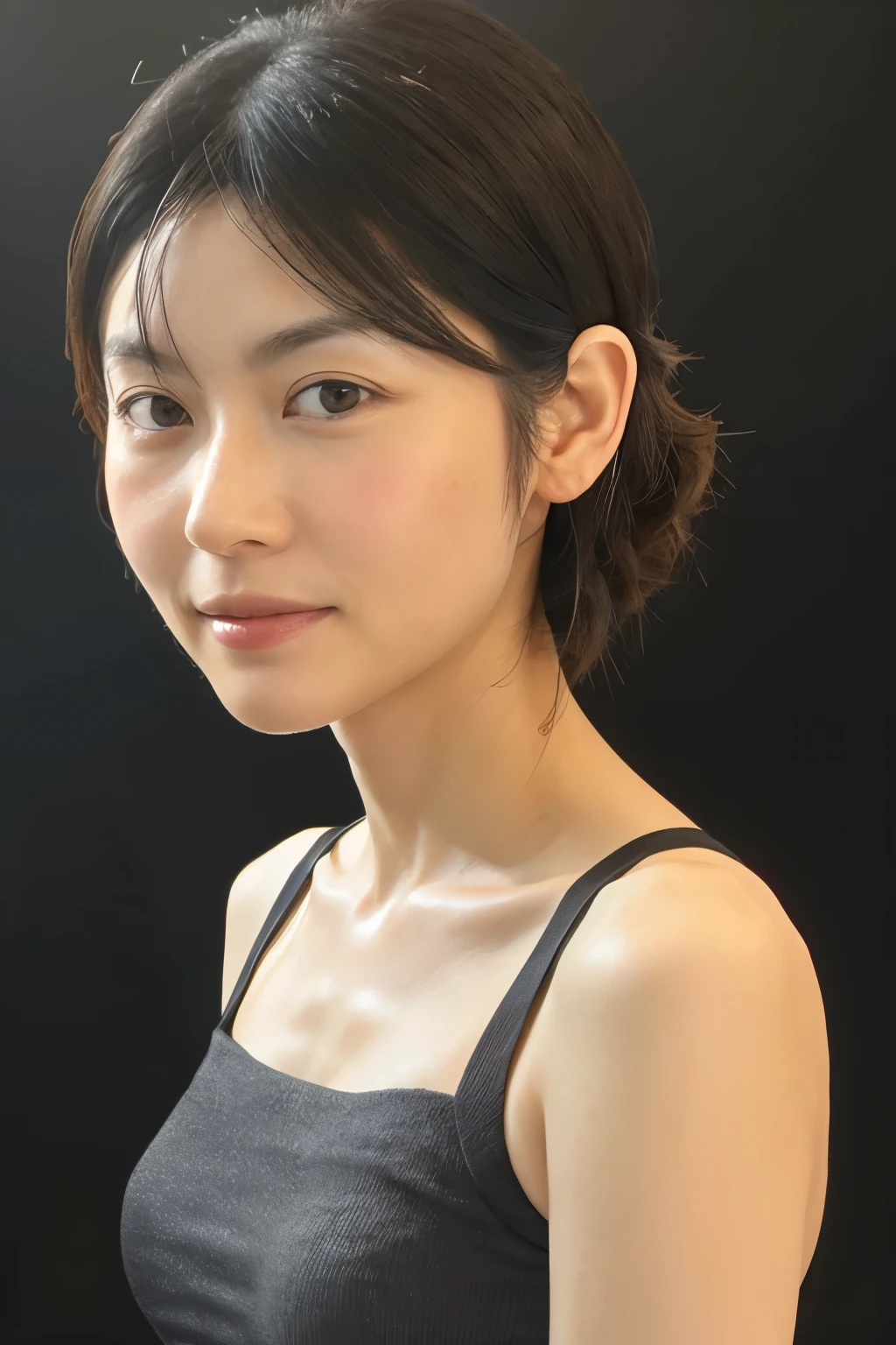 Skinny Japanese woman, Dressed, small head, cute face, detailed face, detailed eyes, (photographrealistic:1.4), (Hyper realistic:1.4), (Realistic:1.3), (Smoother lighting:1.05), (increase cinematic lighting quality:0.9), 32K, 1girl in, 30-years old, Realistic lighting, Backlighting, Light on Face, raytrace, (Brightening light:1.2), (Increase quality:1.4), (Top quality real texture skins:1.4), Black underwear, a necklace, Very thin waist, slender legs, (Increase body line mood:1.1), (Increase the beauty of skin texture:1.1)