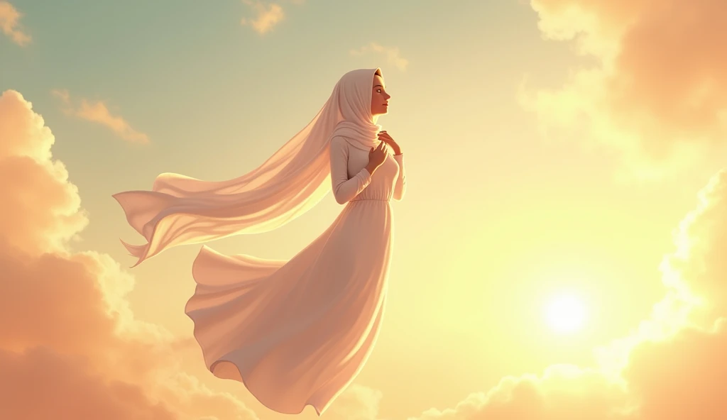 ((best quality)), ((masterpiece)), (detail), Muslim age girl who's very beautiful, elegant, adorable and cute. wearing a long white syar'i headscarf extending down to cover her chest, wearing a long plain white dress, floating in the sky while stroking her chest with one hand while smiling and closing her eyes as a sign that she is holding back her anger by letting it go. Animation style. UHD. 4K. Golden hour. The background is a beautiful heavenly sky. Best Anime Style. 2D.