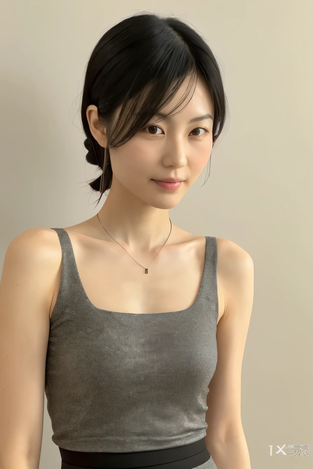 Skinny Japanese woman, Dressed, small head, cute face, detailed face, detailed eyes, (photographrealistic:1.4), (Hyper realistic:1.4), (Realistic:1.3), (Smoother lighting:1.05), (increase cinematic lighting quality:0.9), 32K, 1girl in, 30-years old, Realistic lighting, Backlighting, Light on Face, raytrace, (Brightening light:1.2), (Increase quality:1.4), (Top quality real texture skins:1.4), Black underwear, a necklace, Very thin waist, slender legs, (Increase body line mood:1.1), (Increase the beauty of skin texture:1.1)