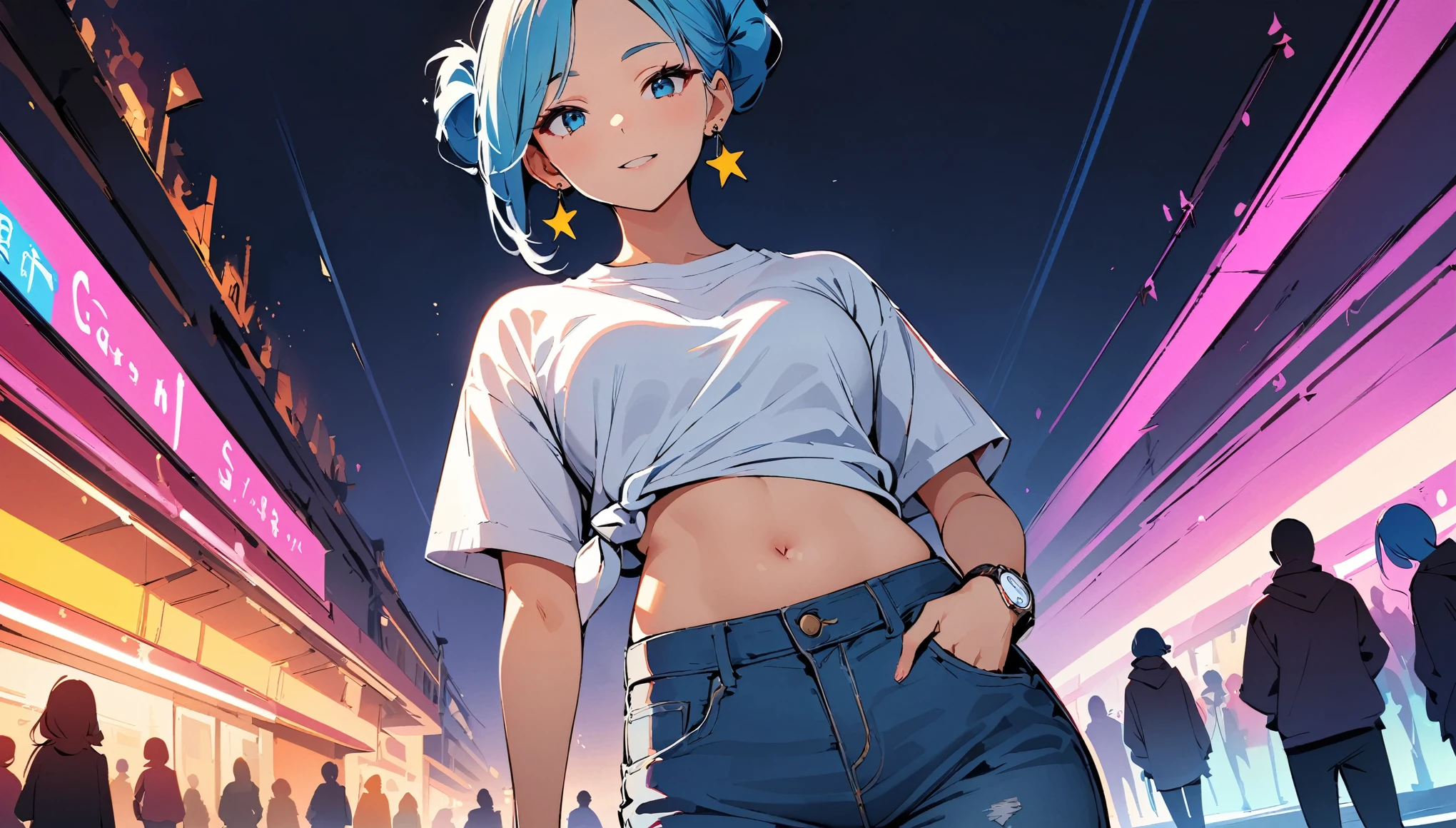 (high quality, 8k, 4K, High Contrast, masterpiece:1.2, 最high quality, Best aesthetics), (Dynamic Angle), ((1 female teen)), ((Plain and bright background)), ((Flat Color)),(Harajuku Street Style Fashion),(jeans), Looking at the audience, Upper Body, Transparent Background, High Contrast, Contrasting colors, Cowboy Shot, Pale pink and blue lighting, Long Hair, ((Tied Hair)) , Blue Hair, Small star-shaped earrings in both ears, watch, bright eyeshadow, R-18, belly button
