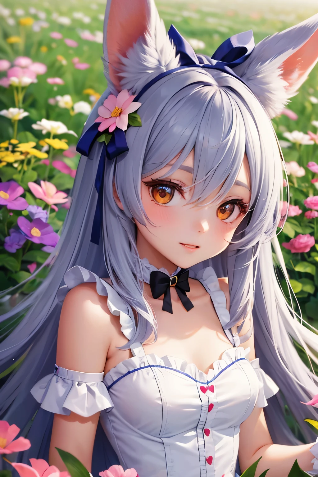 A cute and beautiful anthropomorphic rabbit girl wearing a heart-shaped choker in a beautiful flower field