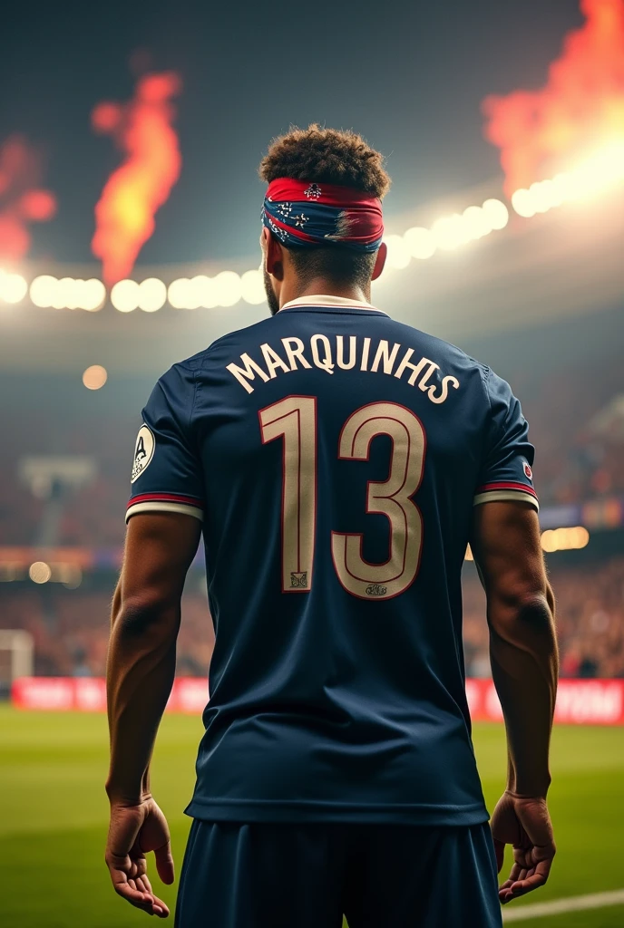 PSG player from behind flocking Marquinhos with a bandana
