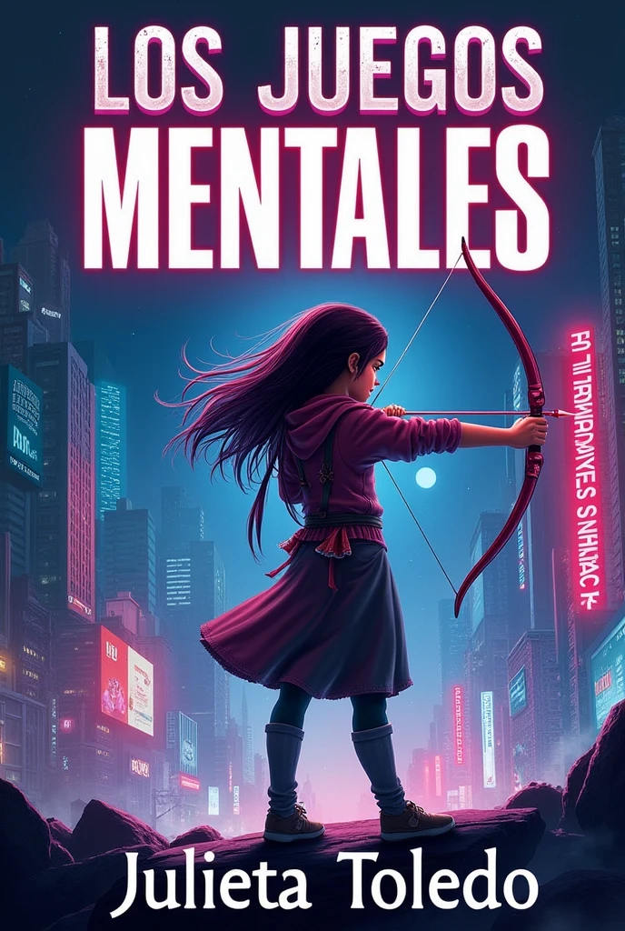Book cover with the letters "The Mind Games" at the top, a girl standing using a bow and arrow in a futuristic background, and at the bottom the letters author Julieta Toledo, the letters must be in Spanish