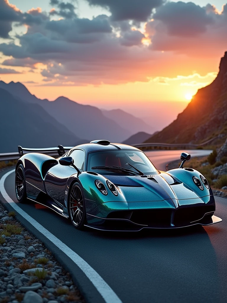 A captivating digital wallpaper showcases a sleek and elegant Pagani Huayra BC, named HVP, parked on a serpentine mountain road. The car's glossy paint job highlights its intricate and complex design, exuding power and luxury. The vibrant sky is filled with a breathtaking view of the azure heavens above and the golden sun setting behind the horizon. The cinematic atmosphere creates a stunning visual treat for automobile enthusiasts., cinematic, photo, vibrant